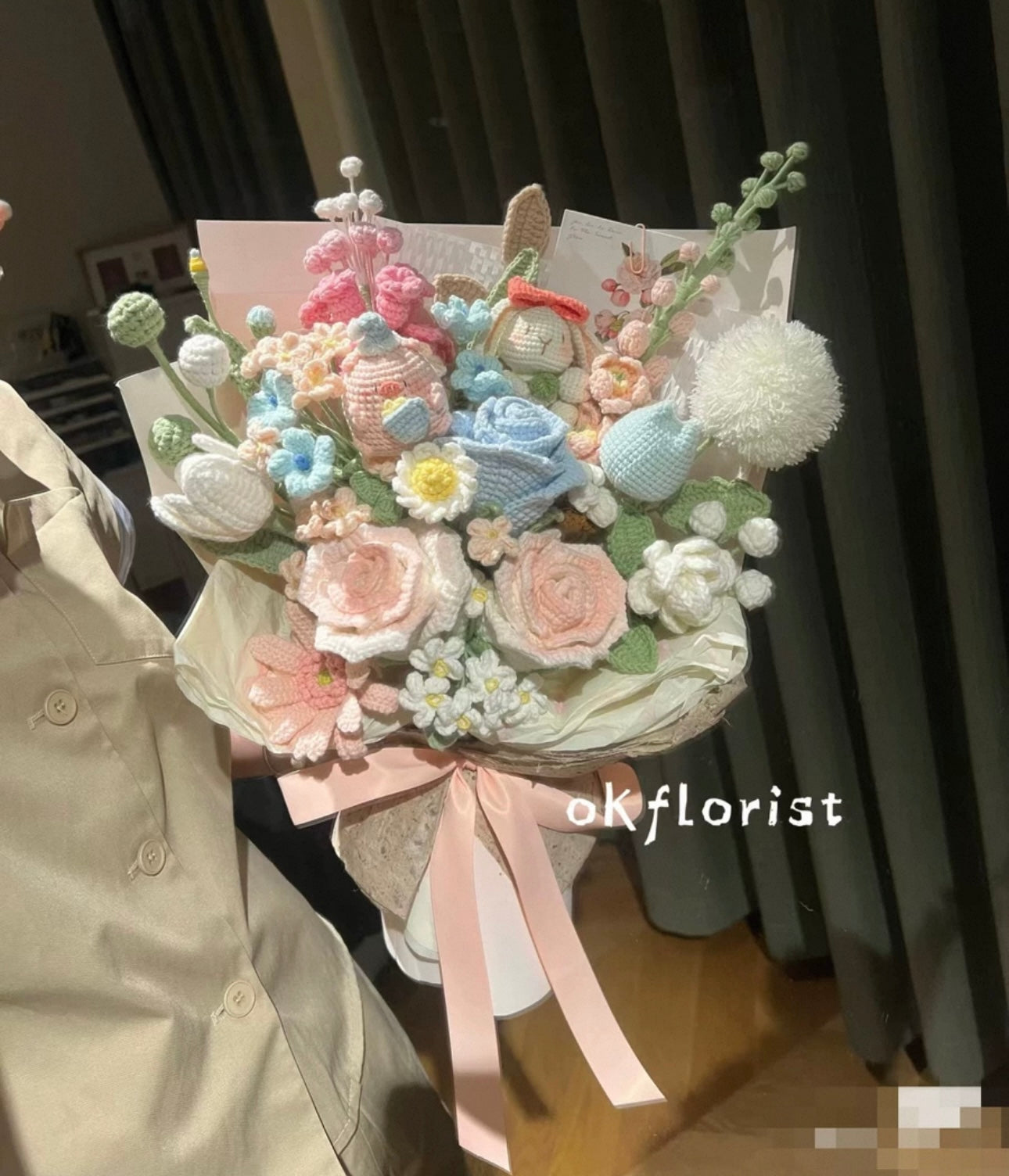 Crochet Wine glass rose&rabbit mixed bouquet